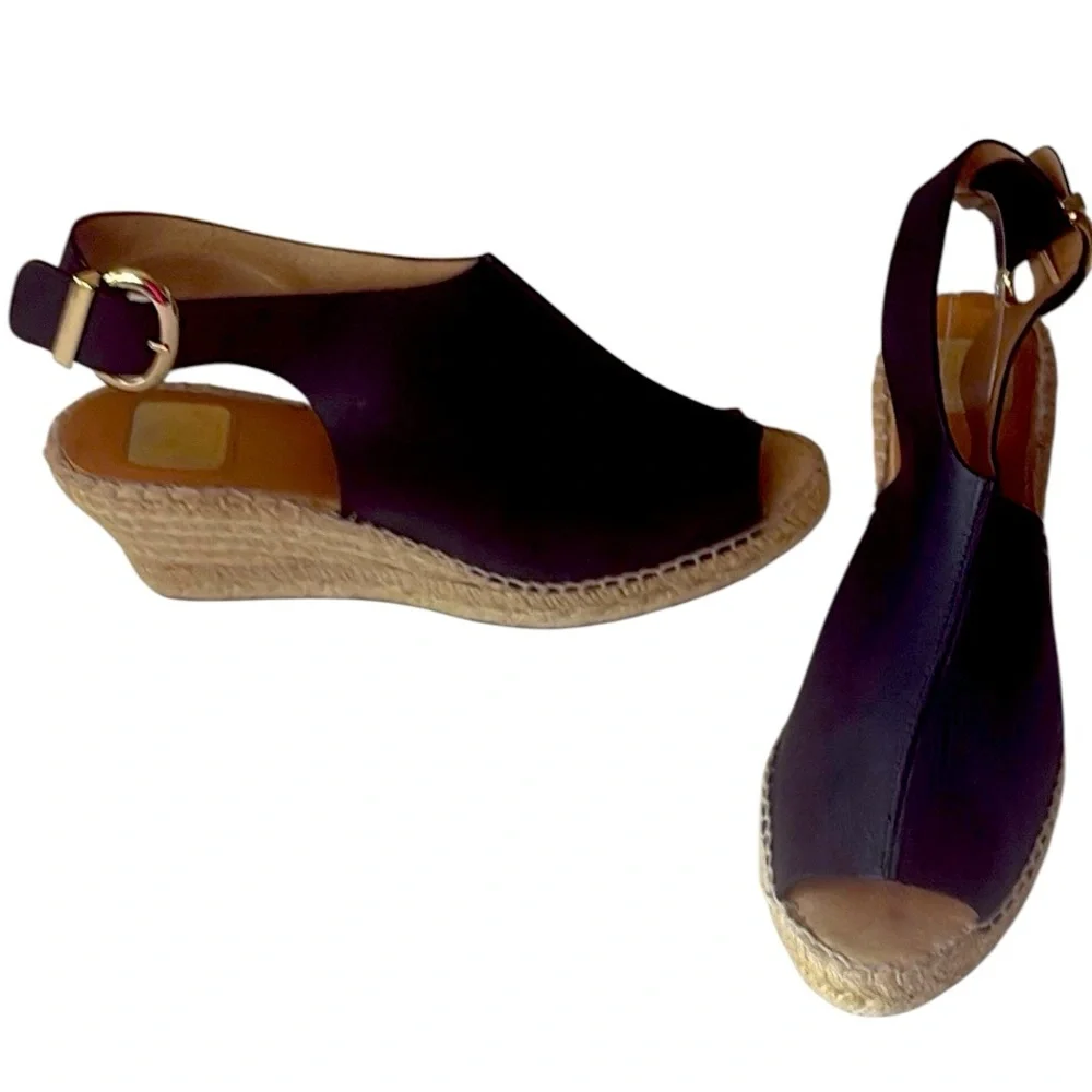 Kanna wedge sling back espadrille, black leather gold buckle, size 41=10/10.5